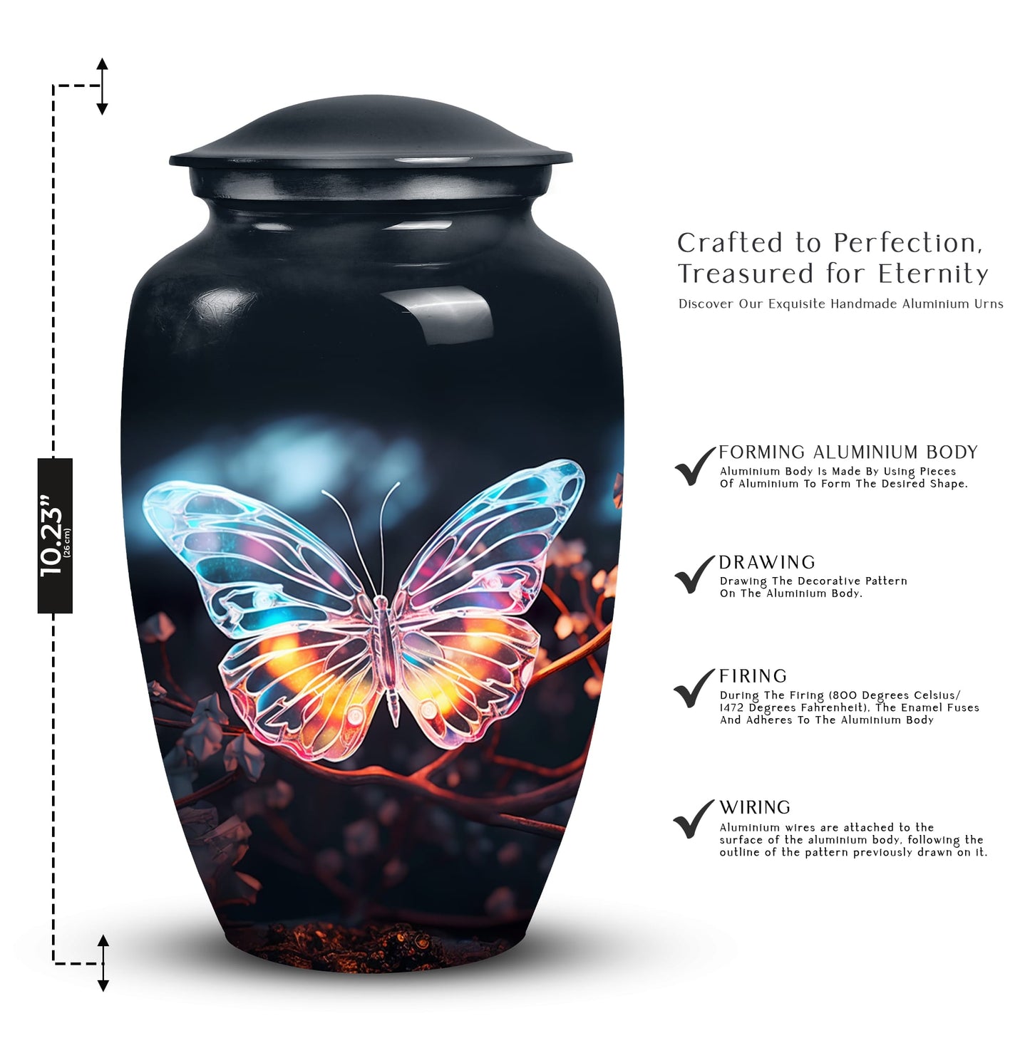 Medium-sized, unique butterfly burial urn for containing human ashes and suitable for in-ground burial