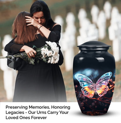 Medium-sized, unique butterfly burial urn for containing human ashes and suitable for in-ground burial