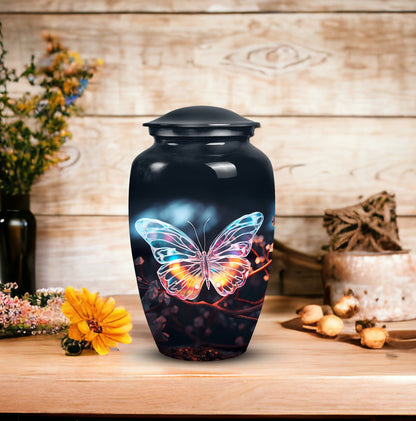 Medium-sized, unique butterfly burial urn for containing human ashes and suitable for in-ground burial