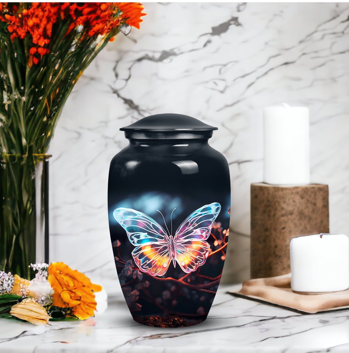 Medium-sized, unique butterfly burial urn for containing human ashes and suitable for in-ground burial