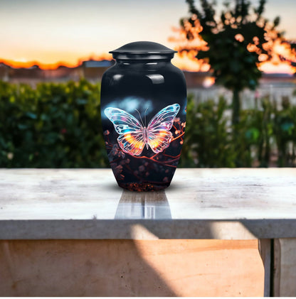 Medium-sized, unique butterfly burial urn for containing human ashes and suitable for in-ground burial