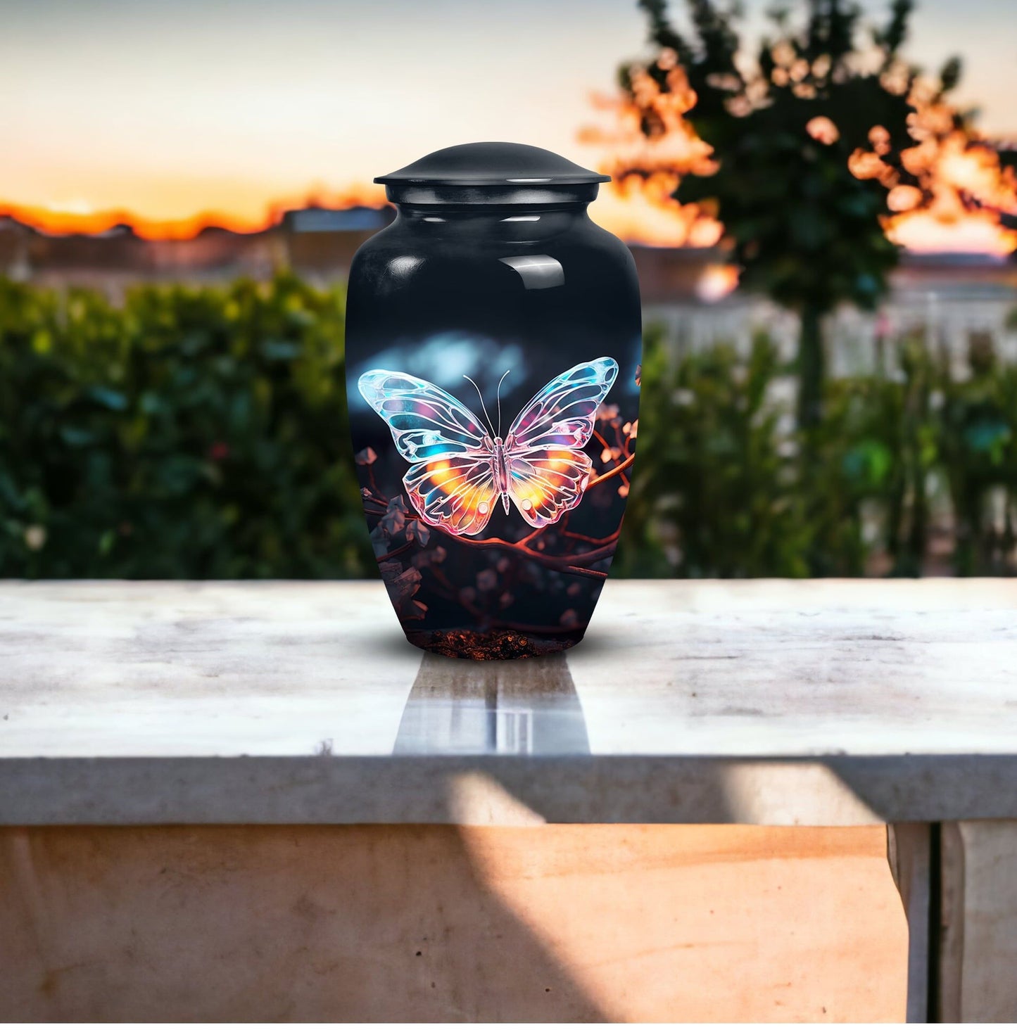 Medium-sized, unique butterfly burial urn for containing human ashes and suitable for in-ground burial