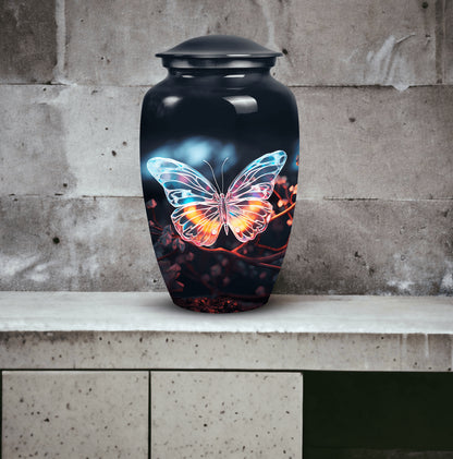 Medium-sized, unique butterfly burial urn for containing human ashes and suitable for in-ground burial
