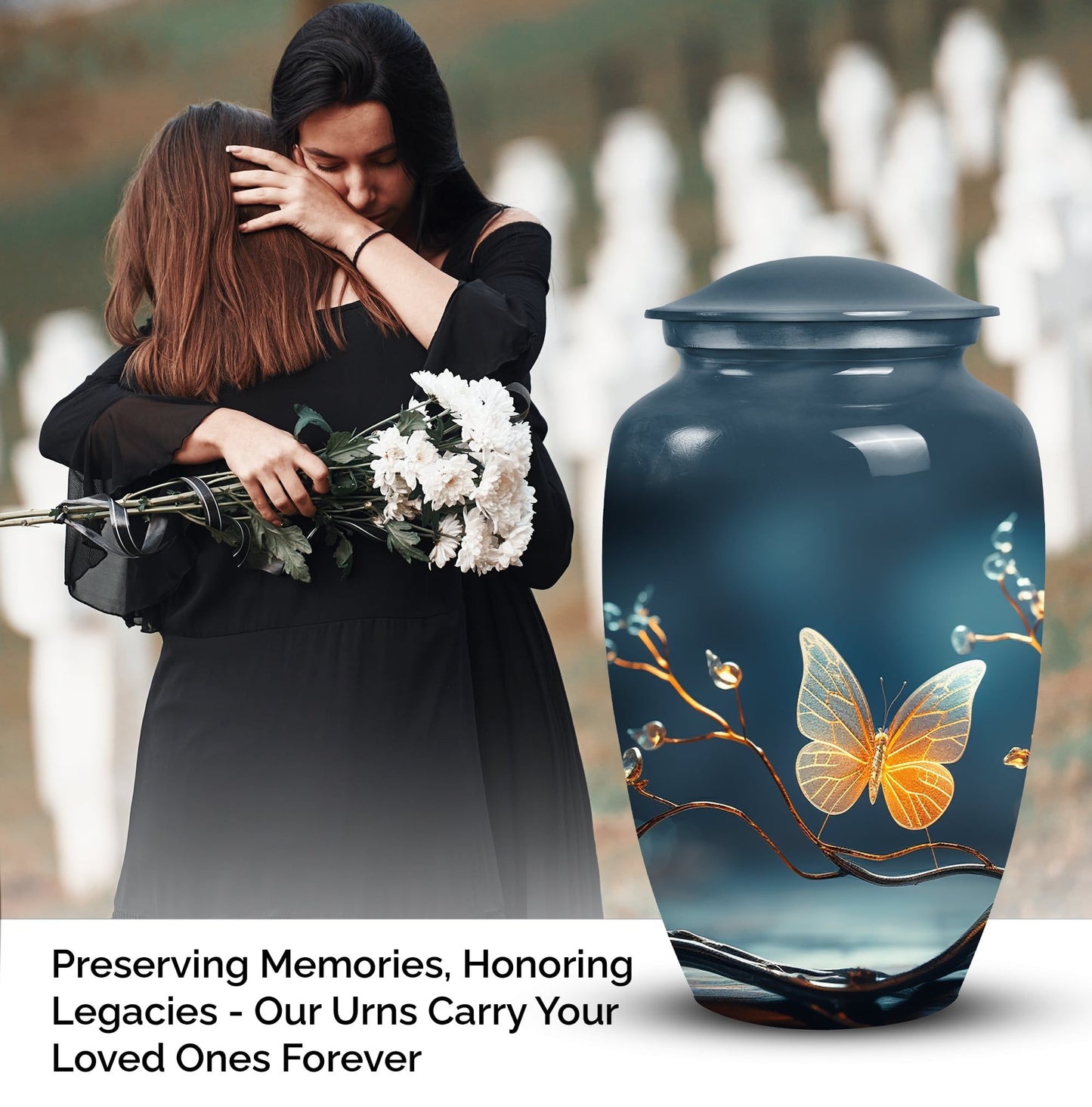 Elegant butterfly urn in metal custom designed for preserving adult female ashes, a unique and personalized tribute for mom