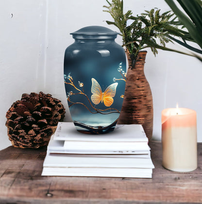Elegant butterfly urn in metal custom designed for preserving adult female ashes, a unique and personalized tribute for mom