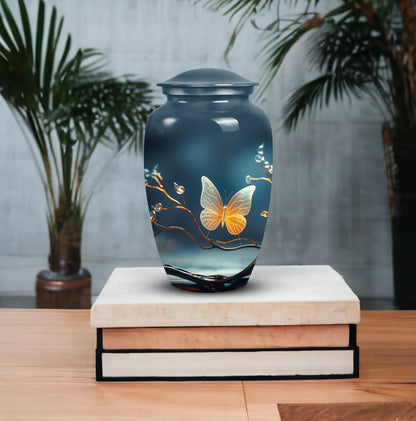 Elegant butterfly urn in metal custom designed for preserving adult female ashes, a unique and personalized tribute for mom