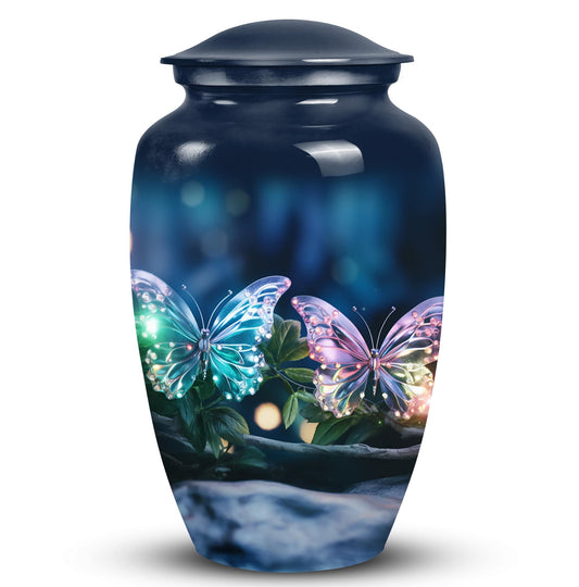 Elegant butterfly-themed funeral urn used for burial in ground, serving as a secure ash holder for human ashes