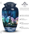 Elegant butterfly-themed funeral urn used for burial in ground, serving as a secure ash holder for human ashes