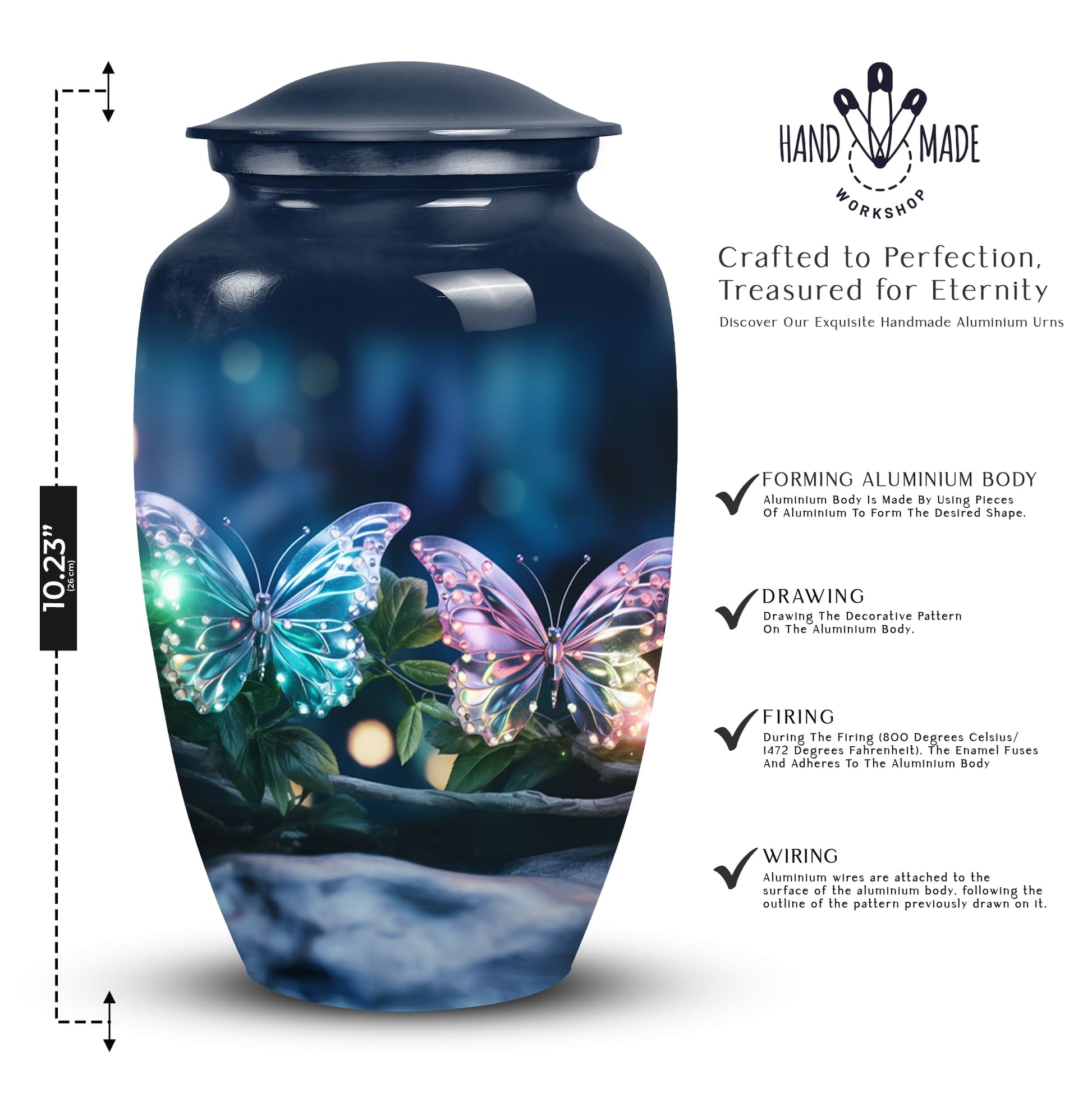 Elegant butterfly-themed funeral urn used for burial in ground, serving as a secure ash holder for human ashes