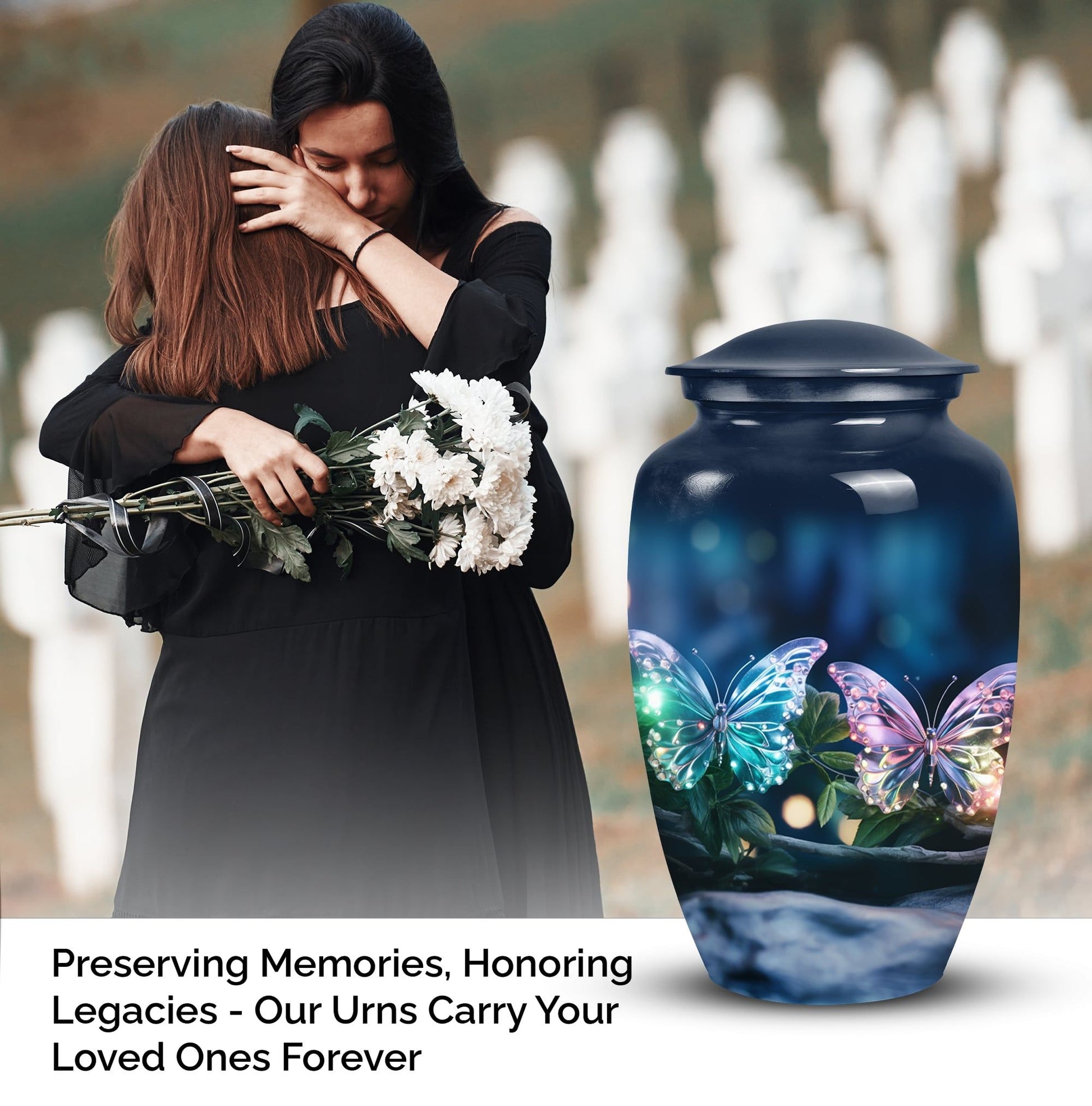 Elegant butterfly-themed funeral urn used for burial in ground, serving as a secure ash holder for human ashes