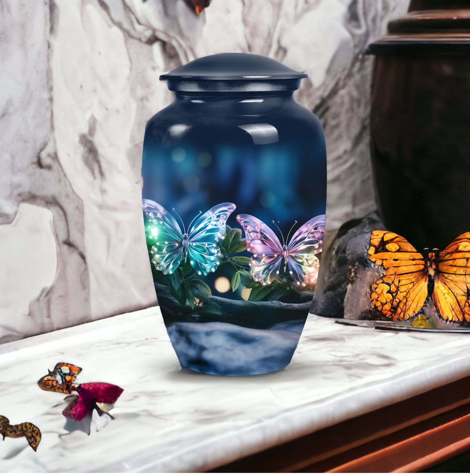 Elegant butterfly-themed funeral urn used for burial in ground, serving as a secure ash holder for human ashes
