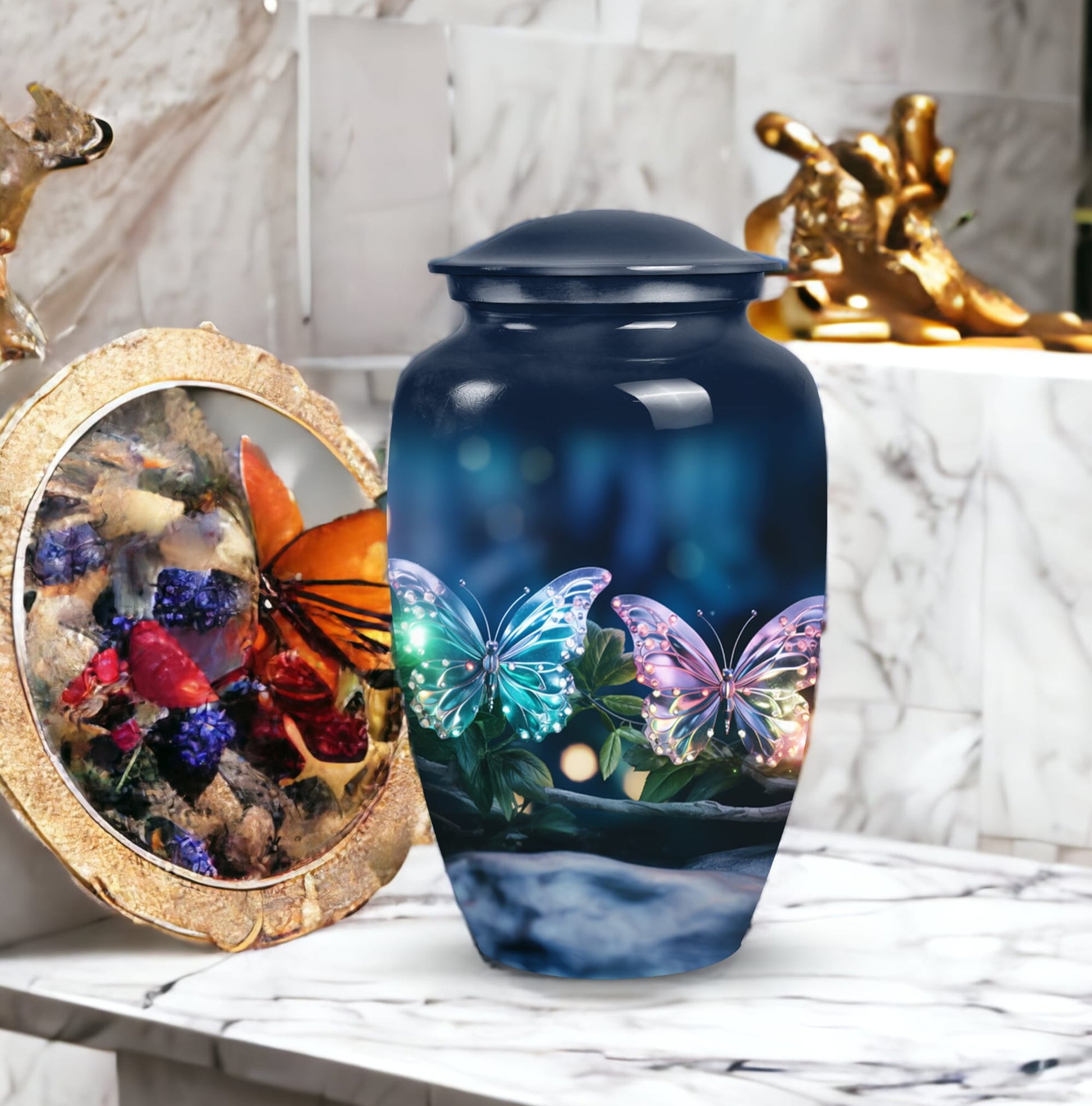 Elegant butterfly-themed funeral urn used for burial in ground, serving as a secure ash holder for human ashes