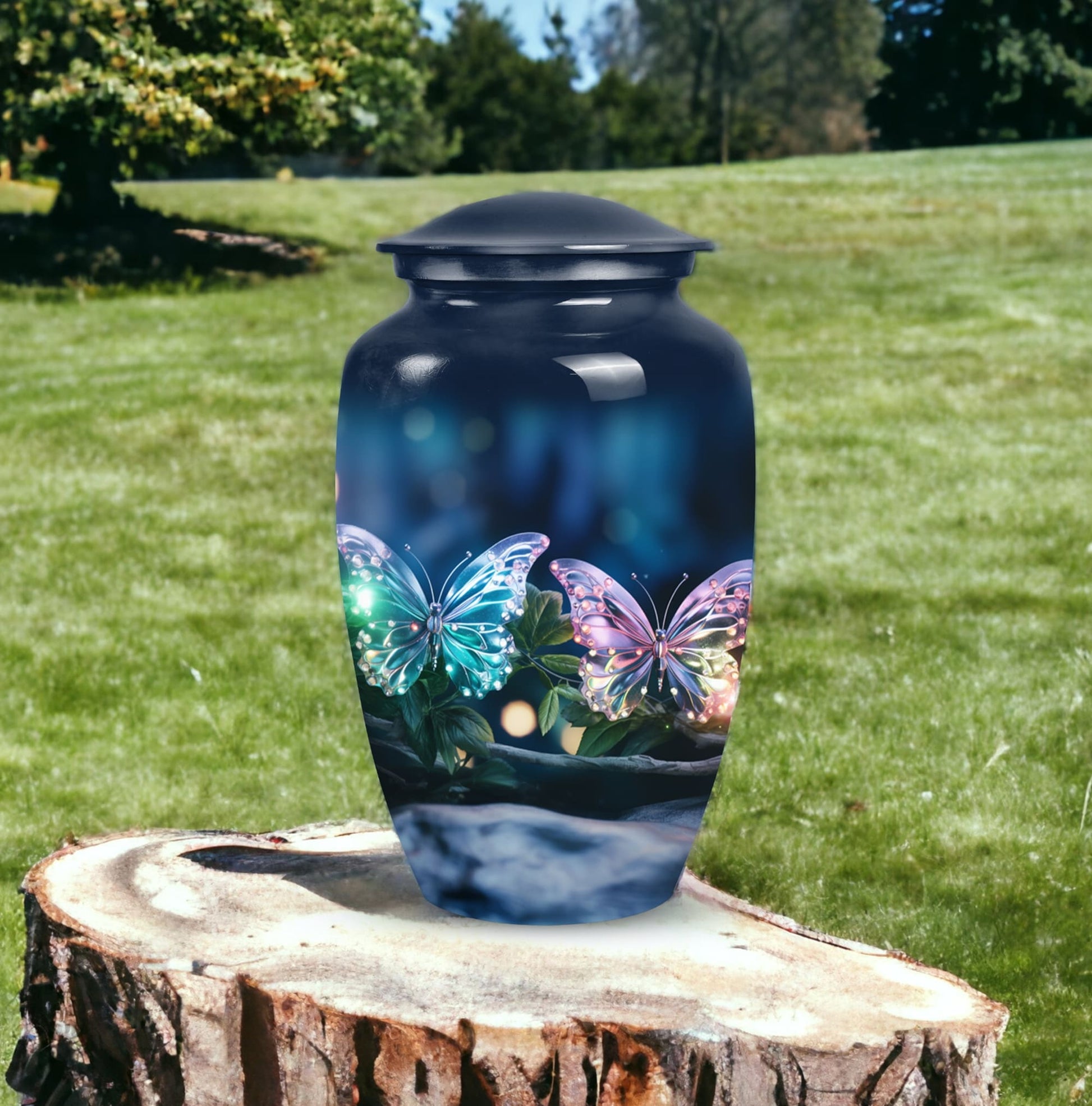 Elegant butterfly-themed funeral urn used for burial in ground, serving as a secure ash holder for human ashes
