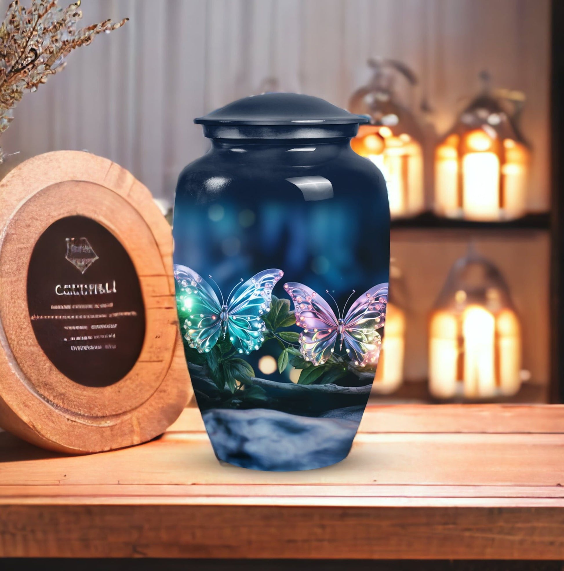 Elegant butterfly-themed funeral urn used for burial in ground, serving as a secure ash holder for human ashes
