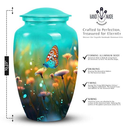 Elegant butterfly designed funeral urn for ashes, suitable for adults, made metal, ideal for grandfather burial vaults.