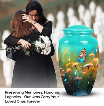 Elegant butterfly designed funeral urn for ashes, suitable for adults, made metal, ideal for grandfather burial vaults.