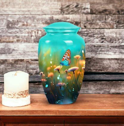 Elegant butterfly designed funeral urn for ashes, suitable for adults, made metal, ideal for grandfather burial vaults.