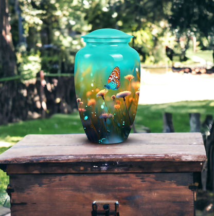 Elegant butterfly designed funeral urn for ashes, suitable for adults, made metal, ideal for grandfather burial vaults.