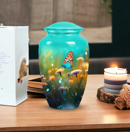 Elegant butterfly designed funeral urn for ashes, suitable for adults, made metal, ideal for grandfather burial vaults.