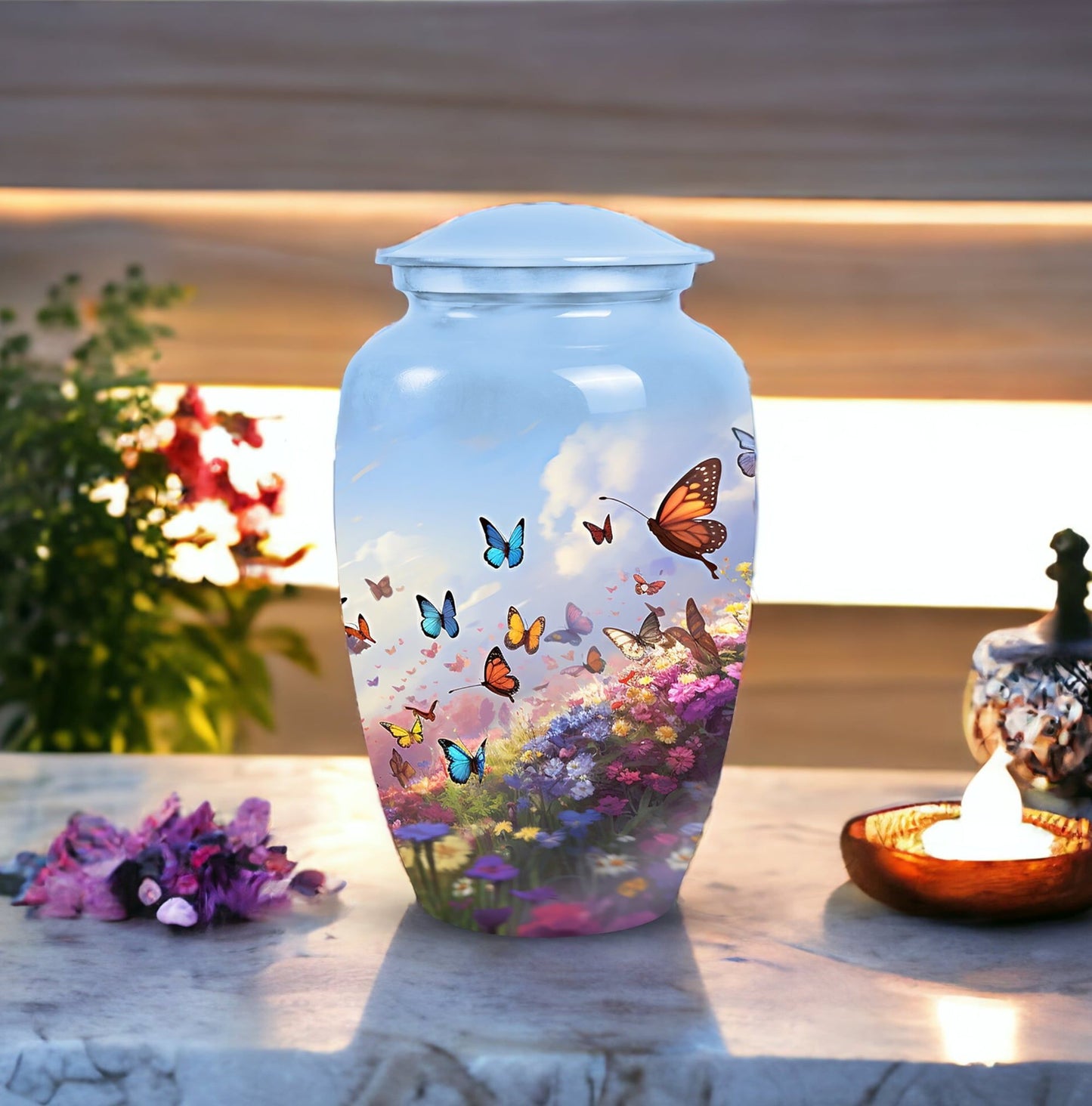 Elegant butterfly themed cremation urn, made for an adult male or dad, perfect for memorializing loved ones.