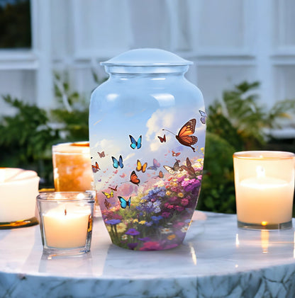Elegant butterfly themed cremation urn, made for an adult male or dad, perfect for memorializing loved ones.