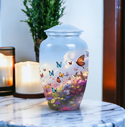 Elegant butterfly themed cremation urn, made for an adult male or dad, perfect for memorializing loved ones.