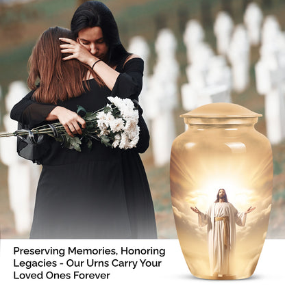 Elegant Jesus-themed Cremation Urn designed specifically for preserving human ashes, ideal for adults and particularly suited for mothers.