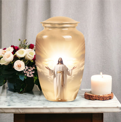 Elegant Jesus-themed Cremation Urn designed specifically for preserving human ashes, ideal for adults and particularly suited for mothers.