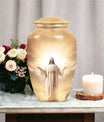 Elegant Jesus-themed Cremation Urn designed specifically for preserving human ashes, ideal for adults and particularly suited for mothers.