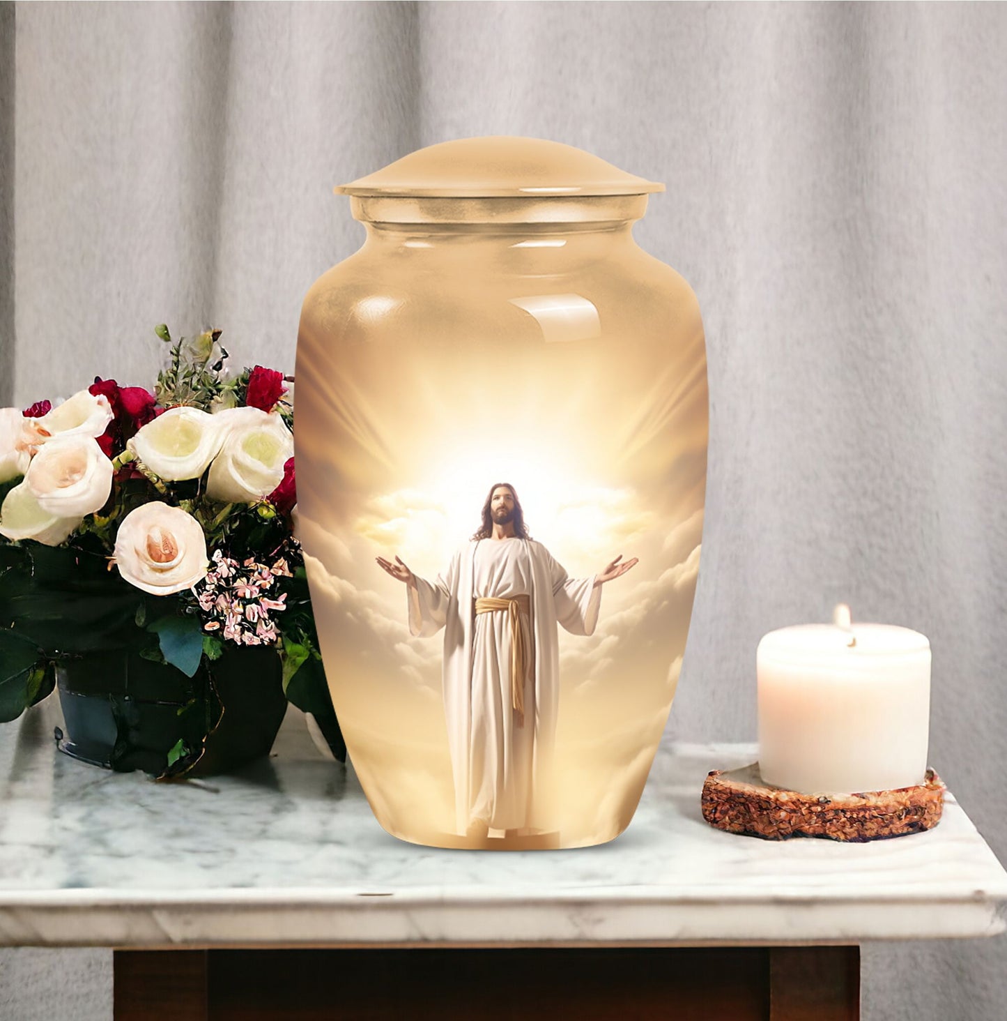 Elegant Jesus-themed Cremation Urn designed specifically for preserving human ashes, ideal for adults and particularly suited for mothers.