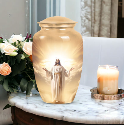 Elegant Jesus-themed Cremation Urn designed specifically for preserving human ashes, ideal for adults and particularly suited for mothers.