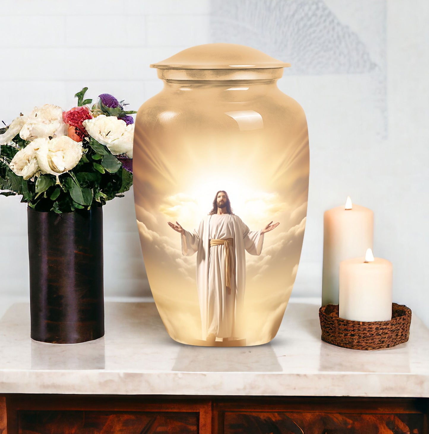 Elegant Jesus-themed Cremation Urn designed specifically for preserving human ashes, ideal for adults and particularly suited for mothers.