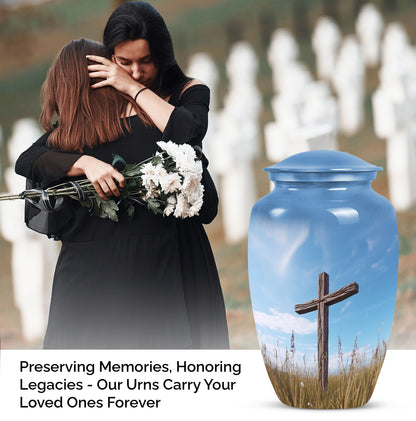 Elegant Jesus-themed Urn suitable for ashes of adult male or female, ideal for safekeeping of cremation ashes.