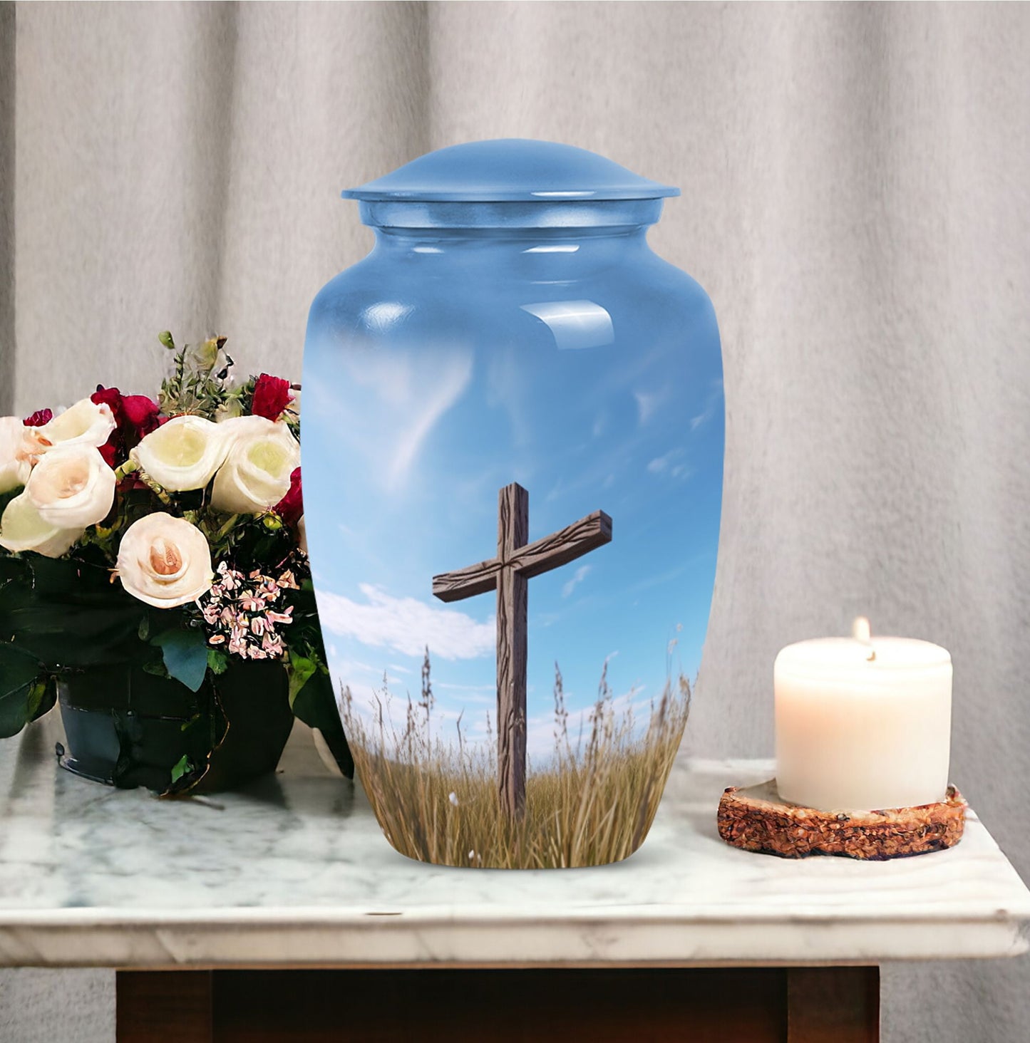 Elegant Jesus-themed Urn suitable for ashes of adult male or female, ideal for safekeeping of cremation ashes.