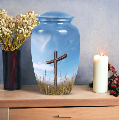 Elegant Jesus-themed Urn suitable for ashes of adult male or female, ideal for safekeeping of cremation ashes.