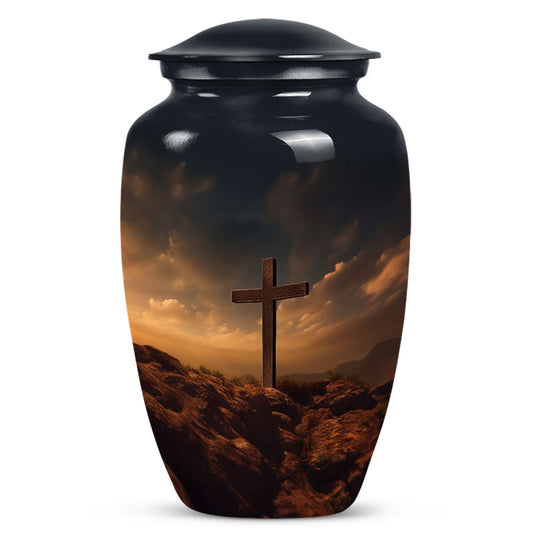Picture of Jesus-themed cremation urn, a unique container for adult female human ashes, suitable for burials