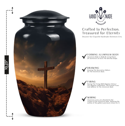 Picture of Jesus-themed cremation urn, a unique container for adult female human ashes, suitable for burials