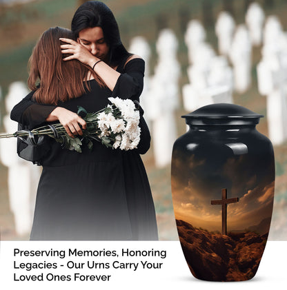 Picture of Jesus-themed cremation urn, a unique container for adult female human ashes, suitable for burials