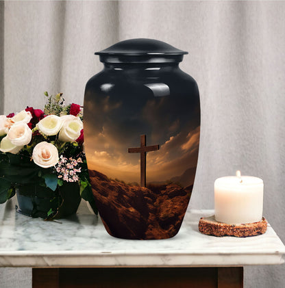 Picture of Jesus-themed cremation urn, a unique container for adult female human ashes, suitable for burials