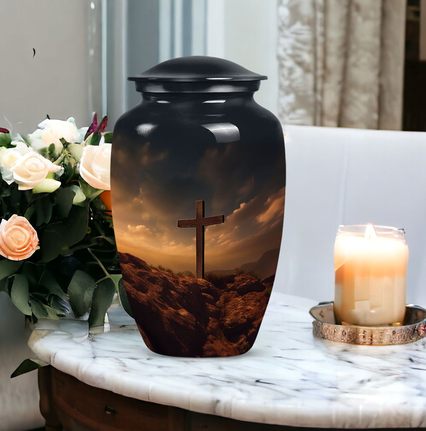 Large cross urn for adult female human ashes, suitable as burial and cremation container.