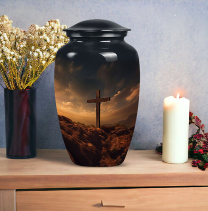 Picture of Jesus-themed cremation urn, a unique container for adult female human ashes, suitable for burials