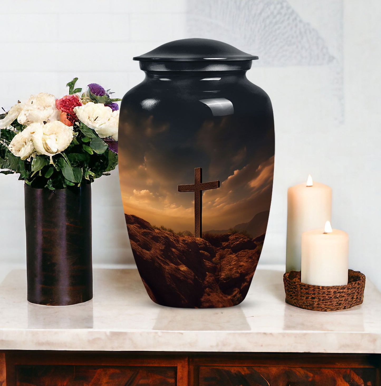 Picture of Jesus-themed cremation urn, a unique container for adult female human ashes, suitable for burials