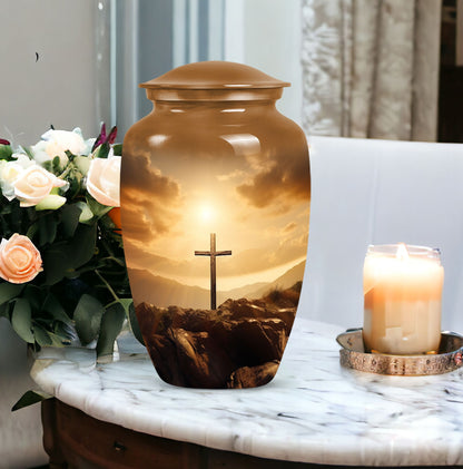 Jesus-themed cremation urn perfect for men, visually symbolic of remembrance and honor