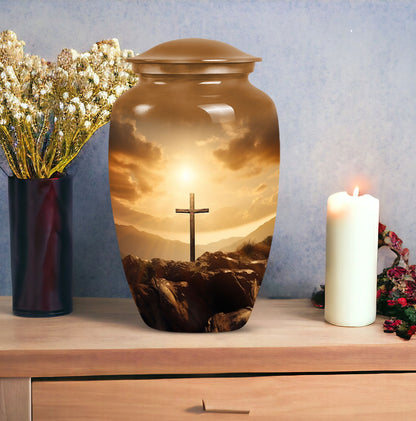 Jesus-themed cremation urn perfect for men, visually symbolic of remembrance and honor