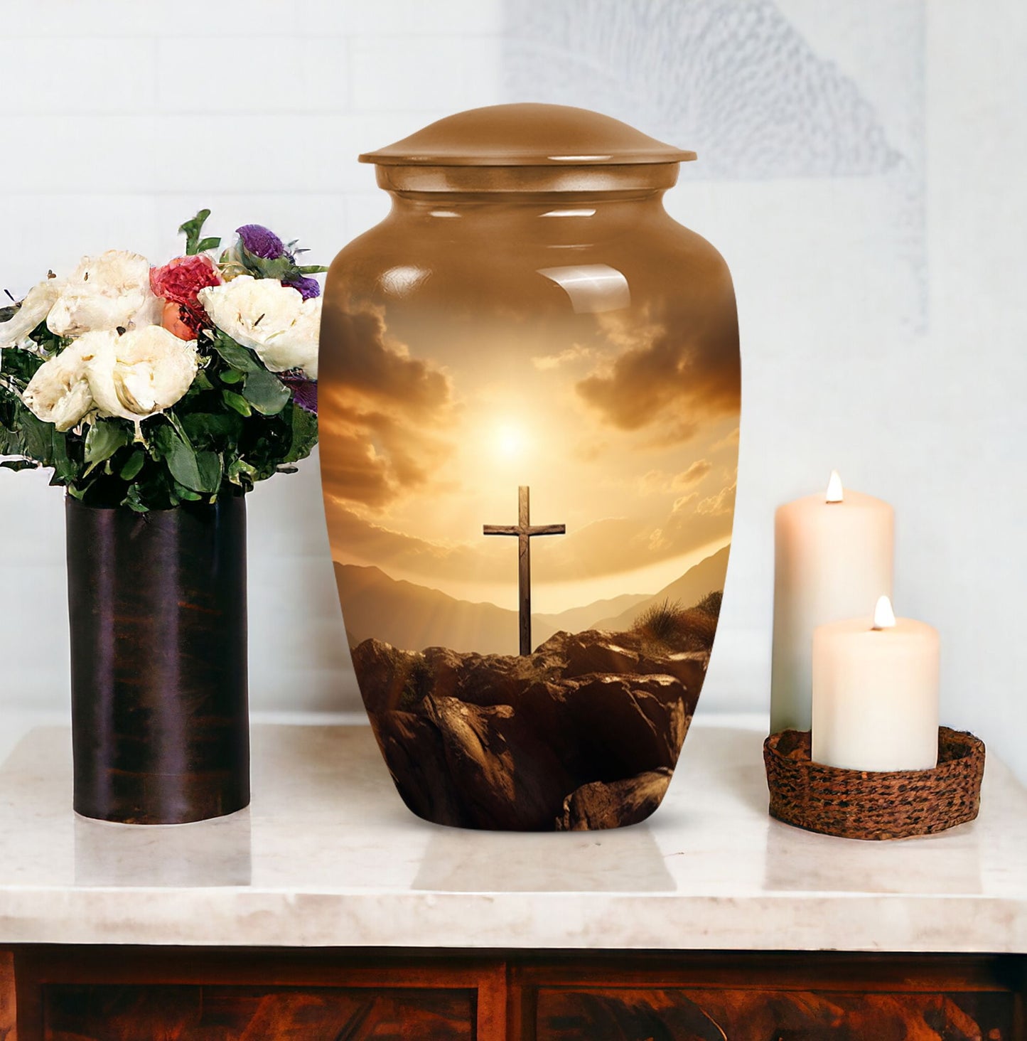 Jesus-themed cremation urn perfect for men, visually symbolic of remembrance and honor