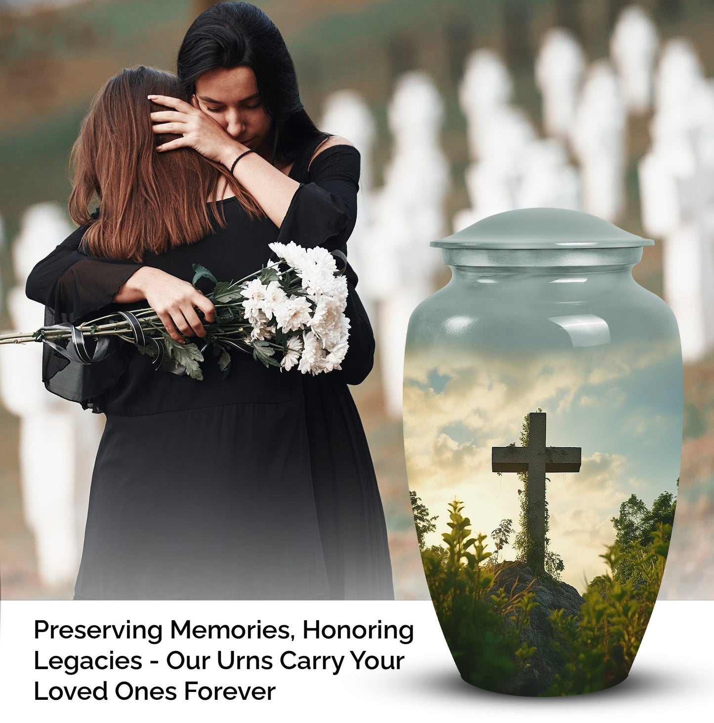 Large cross urn for adult female human ashes, cremation container