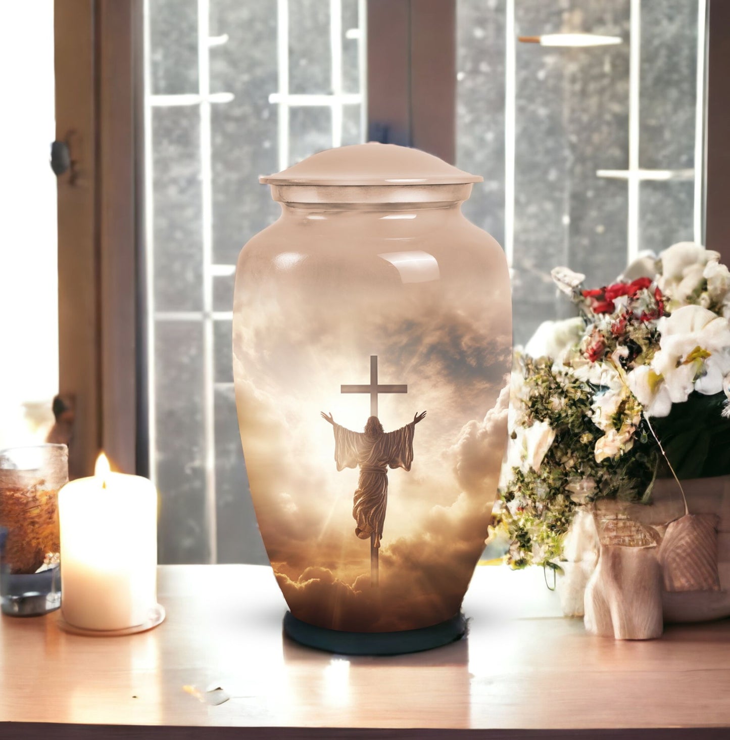 Elegant Jesus urn for adults, ideal for cremation and memorial use, featuring unique mosaic design