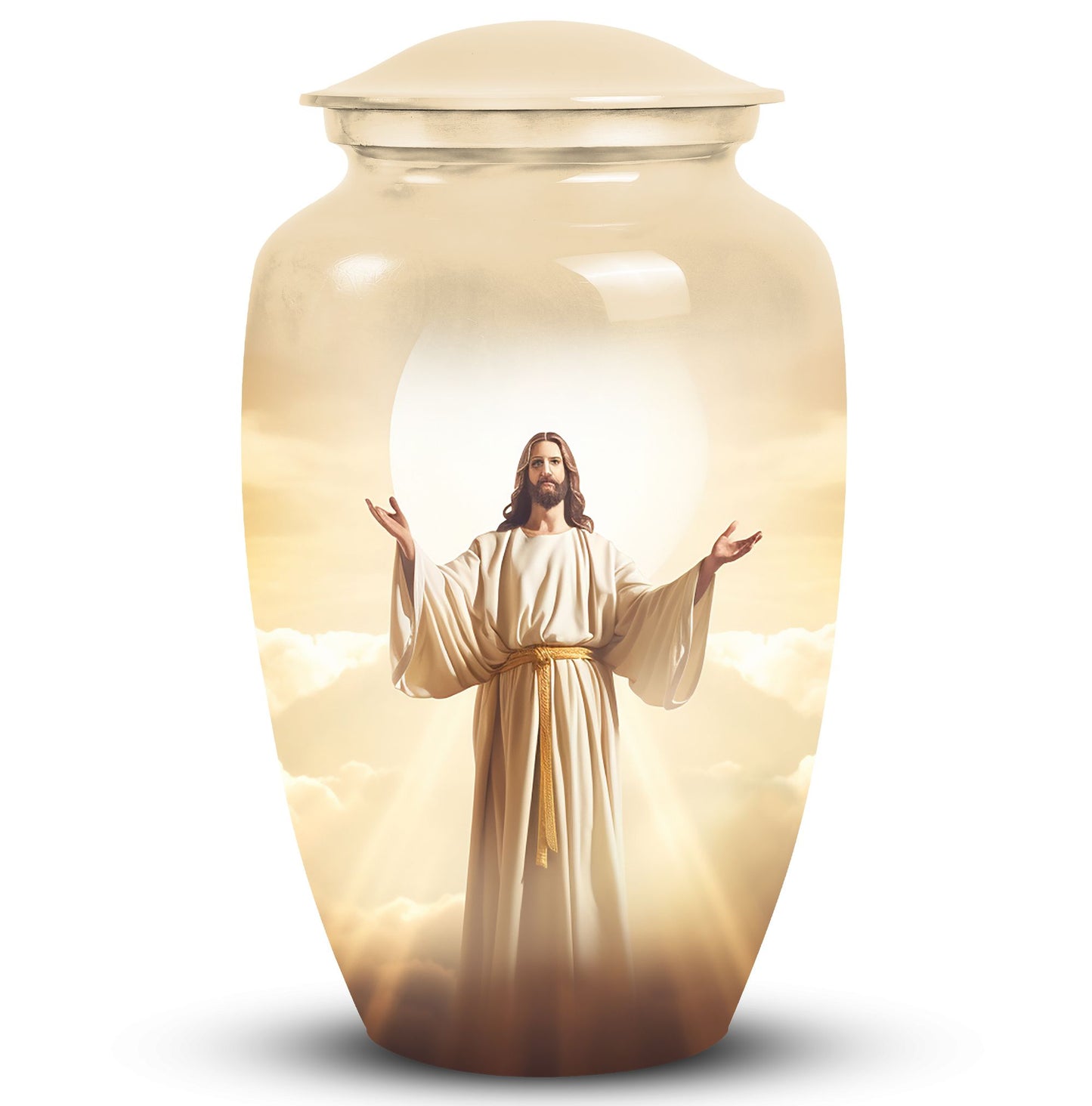 Cremation urn featuring Jesus design for storing adult male ashes