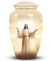 Cremation urn featuring Jesus design for storing adult male ashes