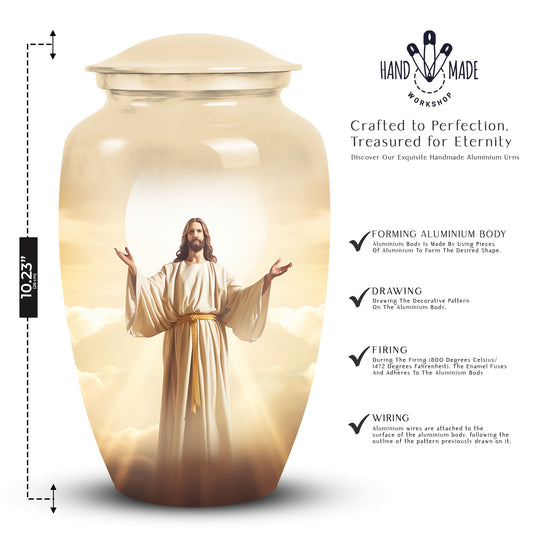 Cremation urn featuring Jesus design for storing adult male ashes